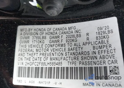 2020 Honda Civic Sport from USA, damaged, VIN 2HGFC2F88LH585485